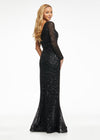 Black ASHLEYlauren 1977 fitted hand-beaded dress featuring a one shoulder long sleeve, left leg slit, and a horsehair hem for an elegant and sophisticated look. Back