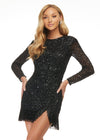 ASHLEYlauren 4438 – A sassy and classy fully hand-beaded long sleeve cocktail dress featuring a fitted skirt with fringe detail along the left leg slit and hemline. Perfect for making a bold, elegant statement at any event.