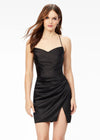 Black ASHLEYlauren 4513 satin cocktail dress featuring spaghetti straps, an exquisitely draped bodice, wrap fitted skirt with a left leg slit, and an open lace-up back for an elegant and sophisticated look.