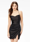 Black ASHLEYlauren 4513 satin cocktail dress featuring spaghetti straps, an exquisitely draped bodice, wrap fitted skirt with a left leg slit, and an open lace-up back for an elegant and sophisticated look.
