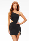 Black ASHLEYlauren 4516 one shoulder scuba cocktail dress featuring an illusion cut-out at the waistline, left leg slit embellished with crystal detailing, and a sleek, fitted silhouette for a modern and elegant look.