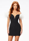 Black/White ASHLEYlauren 4523 off shoulder scuba cocktail dress featuring a sweetheart neckline, feather details, and signature contour seaming for a flattering and elegant silhouette.