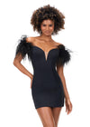 Black ASHLEYlauren 4523 off shoulder scuba cocktail dress featuring a sweetheart neckline, feather details, and signature contour seaming for a flattering and elegant silhouette.