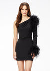 Black ASHLEYlauren 4526 fitted scuba cocktail dress featuring a one shoulder design with feather details, scattered heat set stones, and a sleek fitted skirt for a bold and elegant look.