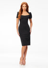 Black ASHLEYlauren 4534 scuba cocktail dress featuring a modified square neckline, dramatic puff sleeves, fitted tea-length skirt, and full zipper back for a sophisticated and stylish look.