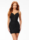 Black ASHLEYlauren 4541 lace cocktail dress featuring delicate spaghetti straps, scattered lace appliques, heat set stones, a fitted skirt, and a lace-up back for an elegant and refined look.