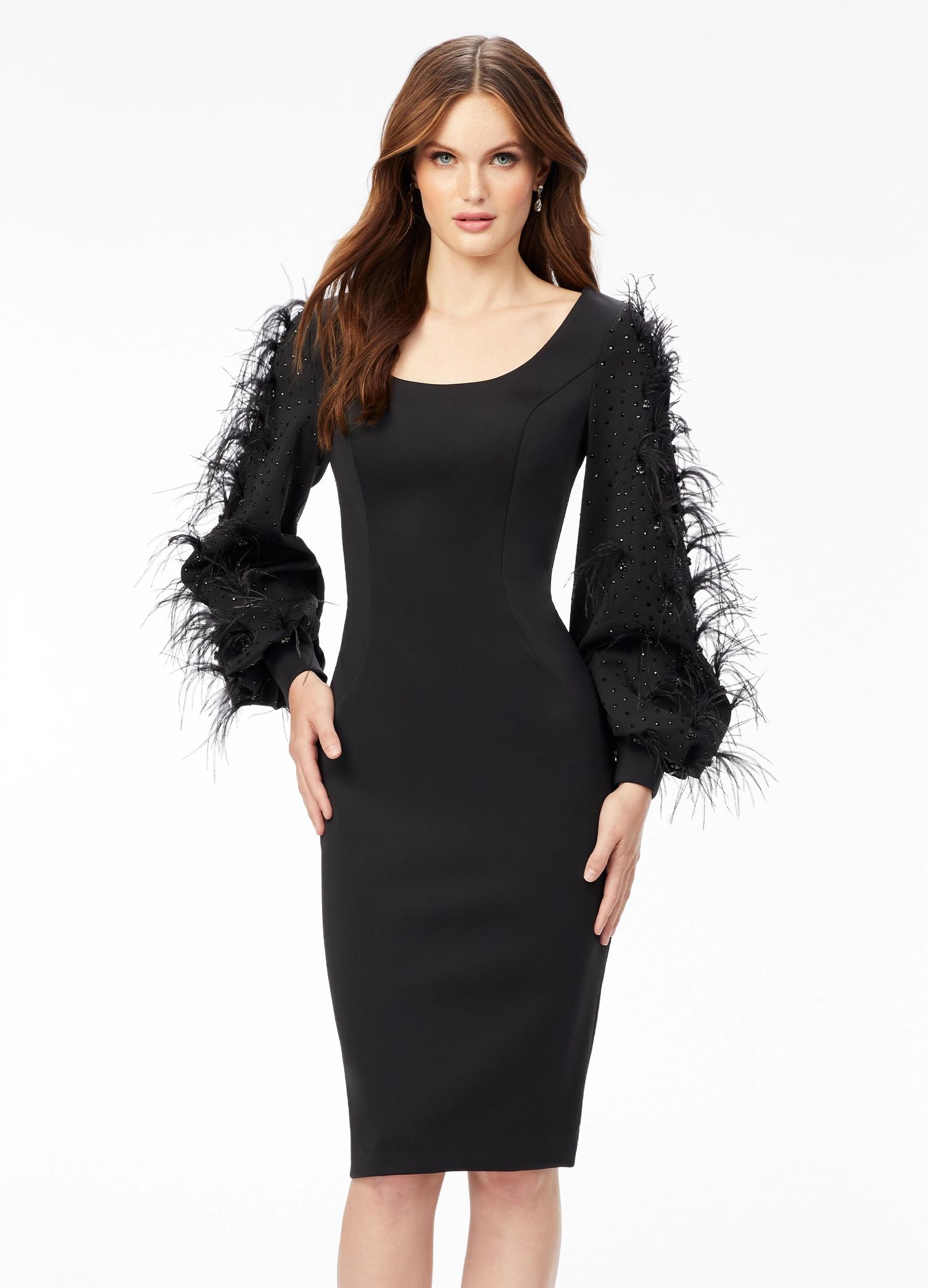 Black ASHLEYlauren 4545 elegant scuba cocktail dress featuring a scoop neckline, bishop sleeves embellished with scattered crystals and feathers, a fitted tea-length skirt, and a full zipper back for a sophisticated finish.