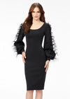 Black ASHLEYlauren 4545 elegant scuba cocktail dress featuring a scoop neckline, bishop sleeves embellished with scattered crystals and feathers, a fitted tea-length skirt, and a full zipper back for a sophisticated finish.