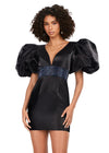 Black ASHLEYlauren 4549 cocktail dress featuring a V-neckline, oversized puff sleeves, heat set stone-embellished waistband, fitted skirt, and center lace-up back for a bold and glamorous look.