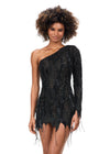 Black ASHLEYlauren 4563 one shoulder cocktail dress featuring an intricate bead pattern, scattered fringe details, and a unique zigzag hemline for a bold and glamorous look.