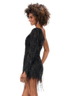 Side - Black ASHLEYlauren 4563 one shoulder cocktail dress featuring an intricate bead pattern, scattered fringe details, and a unique zigzag hemline for a bold and glamorous look.