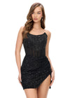 Black ASHLEYlauren 4564 strapless cocktail dress featuring an illusion bustier with exposed boning and a wrap sequin skirt for a modern and sophisticated look.