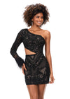 Front - Black ASHLEYlauren 4565 fully beaded cocktail dress featuring a one sleeve design, modern waist cut-out, and feather accents at the wrist for a bold and glamorous look.