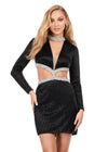 Black ASHLEYlauren 4583 liquid beaded cocktail dress featuring a V-neckline, dramatic cut-outs, long sleeves, and a fitted silhouette for a bold and head-turning look.