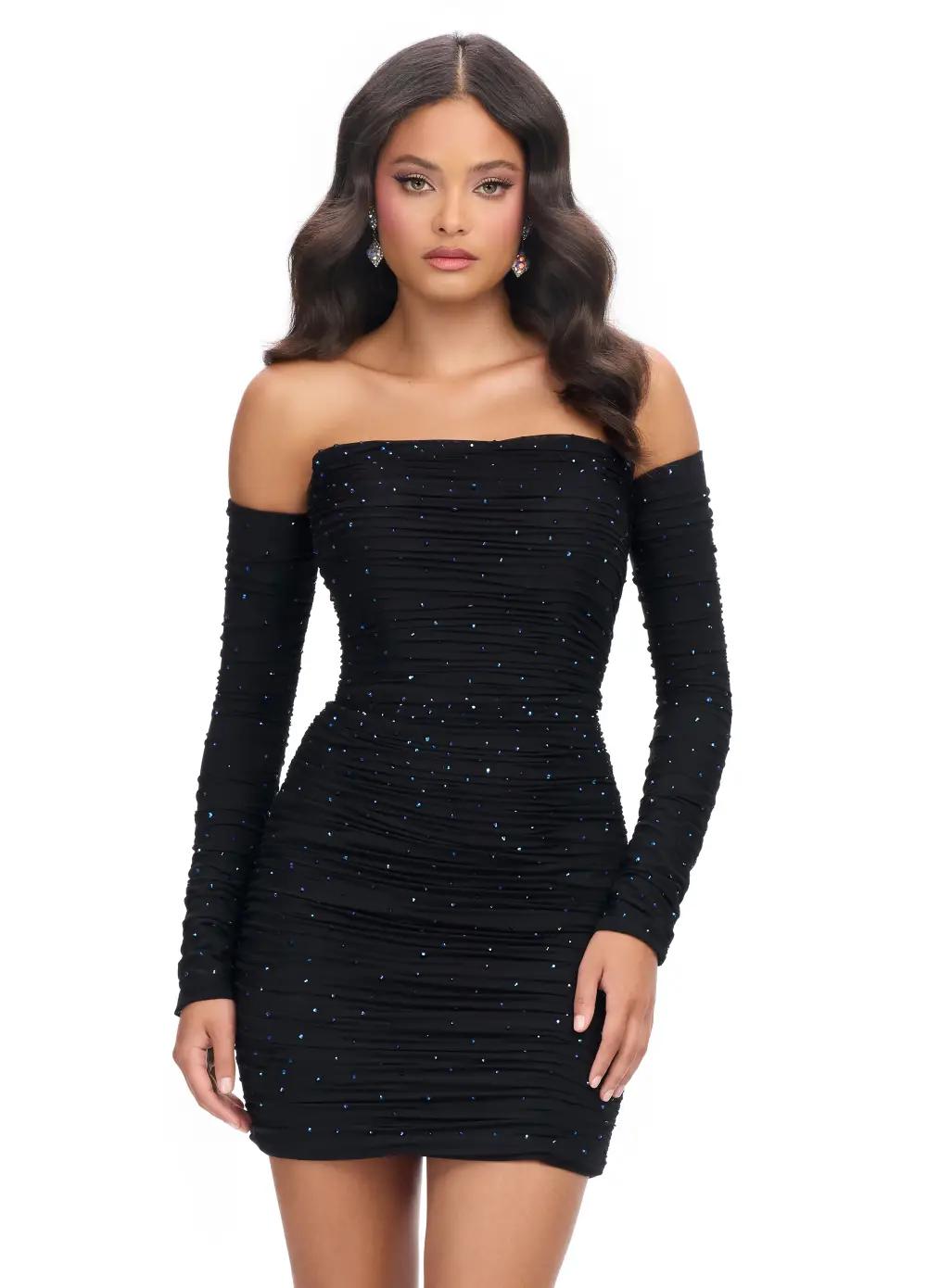 Black ASHLEYlauren 4598 form-fitting strapless cocktail dress featuring elegant ruching, detachable sleeves, and heat-set stones for a glamorous and versatile statement look.