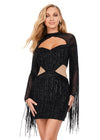Black ASHLEYlauren 4601 fully beaded cocktail dress featuring a sweetheart neckline, illusion cut outs at the waist, open back, fitted skirt, and long sleeves with fringe for a dramatic and show-stopping look.