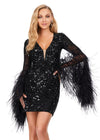 Black ASHLEYlauren 4603 fully beaded cocktail dress featuring a V-neckline, feather-adorned flare sleeves, full back, and fitted skirt for a bold and glamorous statement look.