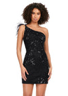 Black ASHLEYlauren 4612 fully sequin cocktail dress featuring a one shoulder neckline with feather details, an intricately beaded bustier, and a fitted skirt for a bold and glamorous look.