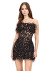 Black ASHLEYlauren 4615 – A stunning, fully beaded strapless cocktail dress featuring feather details and a fitted skirt. Perfect for making a bold statement and feeling like royalty at any event.