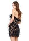 Back - Black ASHLEYlauren 4615 – A stunning, fully beaded strapless cocktail dress featuring feather details and a fitted skirt. Perfect for making a bold statement and feeling like royalty at any event.