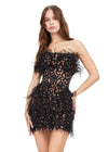 Black ASHLEYlauren 4615 – A stunning, fully beaded strapless cocktail dress featuring feather details and a fitted skirt. Perfect for making a bold statement and feeling like royalty at any event.