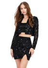 Black ASHLEYlauren 4618 three piece set featuring a fully liquid beaded crop top, intricately beaded jacket, and a fitted skirt with a slit for a bold and fashionable statement look.