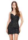 Black ASHLEYlauren 4625 fully beaded sequin cocktail dress featuring a sweetheart neckline, double spaghetti straps, fitted silhouette, and lace-up back for a glamorous and elegant look.