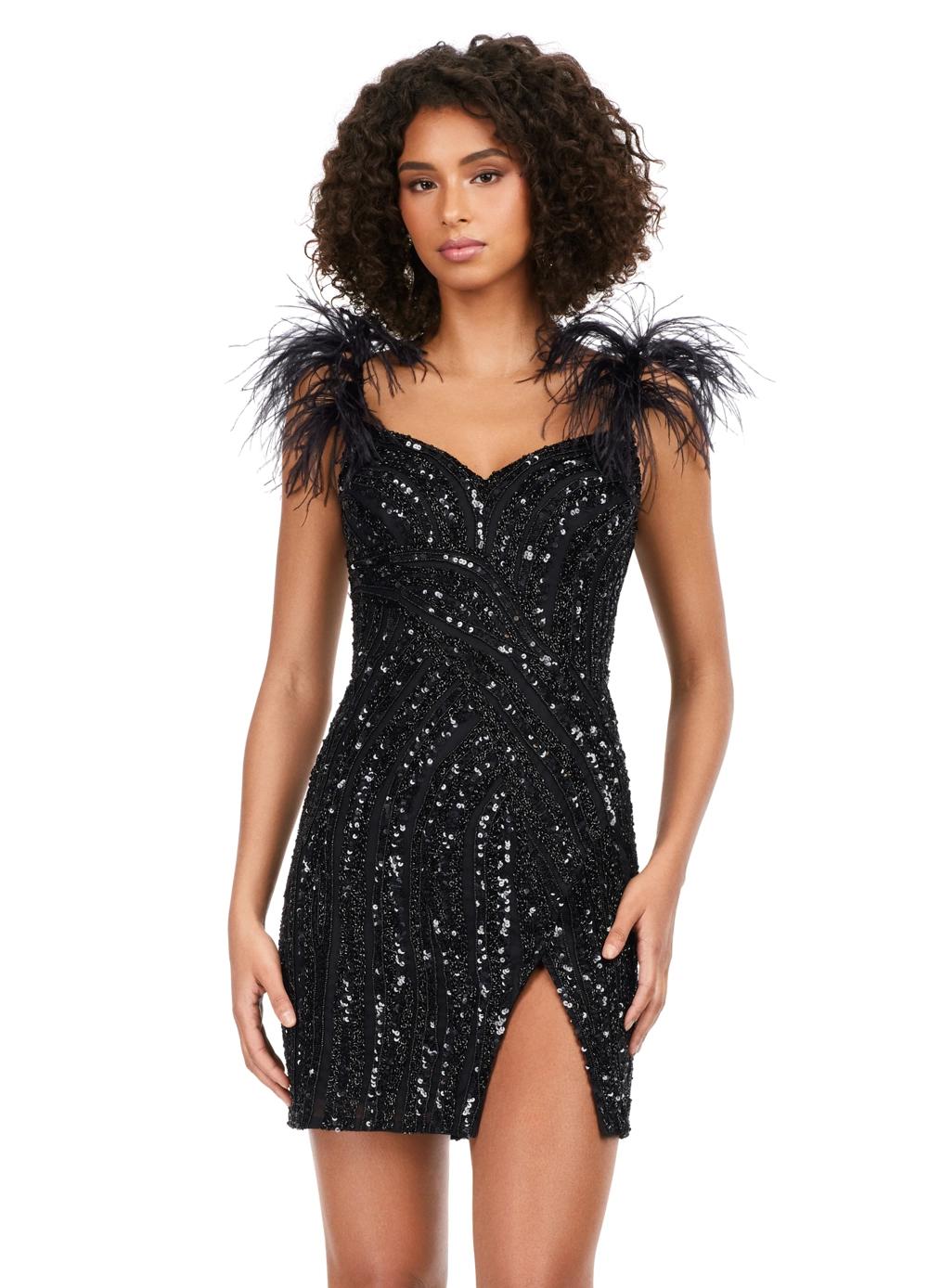 Black ASHLEYlauren 4626 fully beaded cocktail dress featuring a sweetheart neckline, feather-detailed straps, intricate beadwork, and a wrap skirt for a bold and show-stopping look.