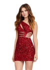 Red ASHLEYlauren 4650 fully sequin cocktail dress featuring a one shoulder neckline, shark bite cut out at the waist with knot details, and a fitted skirt for a bold and glamorous look.