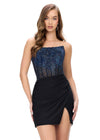 Black ASHLEYlauren 4686 strapless cocktail dress featuring a corset bustier embellished with press-on stones, a sleek jersey skirt, and a left leg slit for a classic and glamorous look.