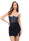 Black ASHLEYlauren 4690 stunning cocktail dress featuring an illusion neckline, corset bustier with press-on stones cascading down the skirt, and a wrap skirt with a side slit for an elegant and head-turning look.