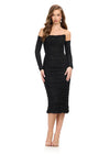Black ASHLEYlauren 4737 strapless cocktail dress featuring a fitted mid-length skirt, detachable sleeves, and press-on heat set stones for a versatile and glamorous look.