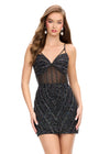 Black ASHLEYlauren 4738 fully hand-beaded cocktail dress featuring spaghetti straps, an exposed boning corset bustier, and a fitted skirt for a unique and glamorous night-out look.