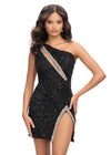 Black ASHLEYlauren 4754 fully hand-beaded cocktail dress featuring a one shoulder neckline, asymmetrical cut out, open back, fitted skirt, and a left leg slit for a bold and glamorous look.