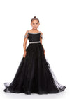 Black ASHLEYlauren 8242 kids gown featuring an off-shoulder design, crystal beaded straps, neckline trim, and belt, adorned with lace applique, press-on stones, and feather accents for a glamorous and elegant look.