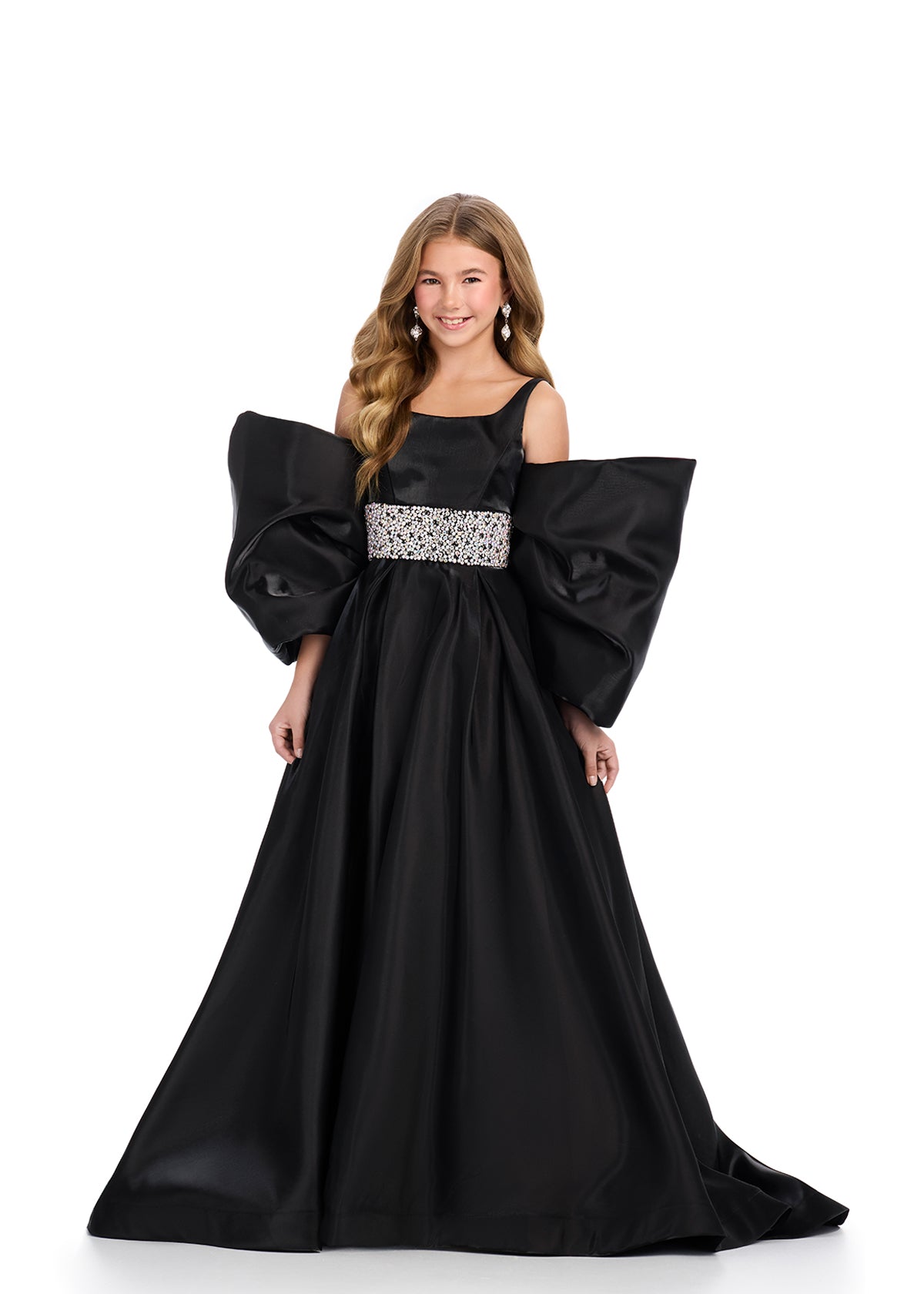 Black ASHLEYlauren 8321 Satin Bow Overskirt with Oversized Bow and Back Skirt Detail