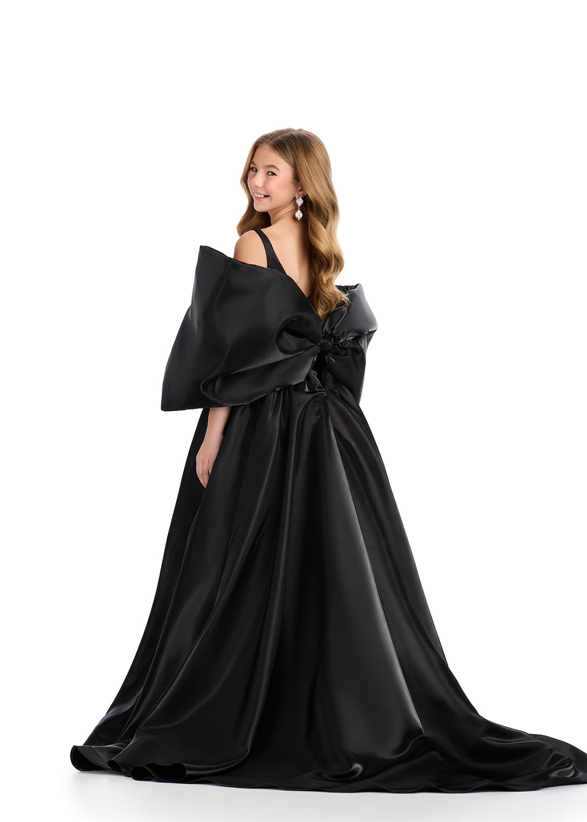 Back - Black ASHLEYlauren 8321 Satin Bow Overskirt with Oversized Bow and Back Skirt Detail