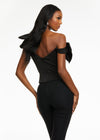 Black ASHLEYlauren 9001 elegant one shoulder bustier featuring asymmetrical ruching and delicate bow accents, perfect for styling with jeans or for pageant headshots. back