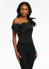 Black ASHLEYlauren 9001 elegant one shoulder bustier featuring asymmetrical ruching and delicate bow accents, perfect for styling with jeans or for pageant headshots.