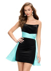 Black/Aqua ASHLEYlauren 4734 strapless stretch velvet cocktail dress featuring a fitted skirt, satin wrap belt, and an A-line satin overskirt for an elegant and sophisticated look.