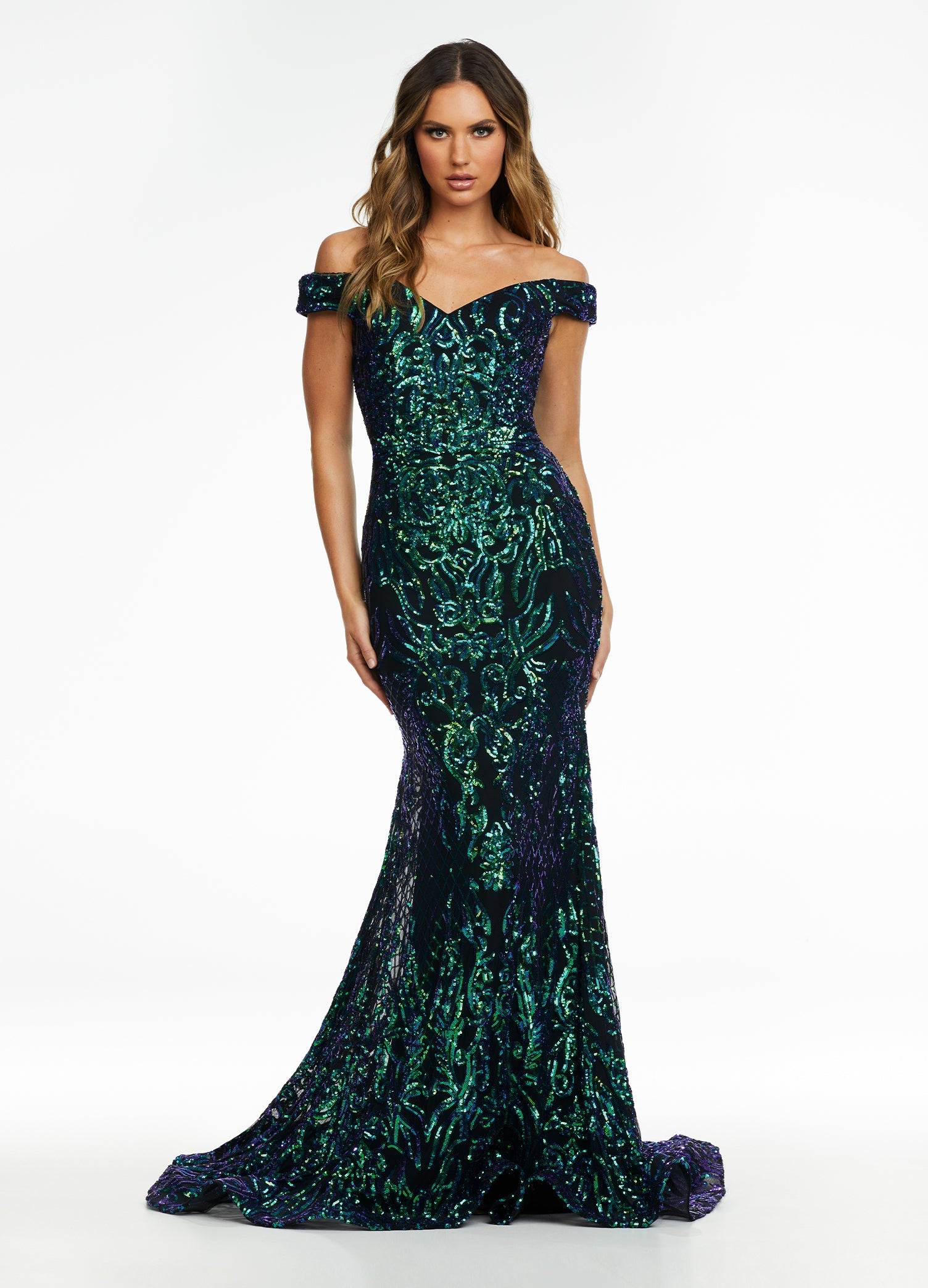 Black/Emerald ASHLEYlauren 11112 Off-Shoulder Stretch Sequin Gown with Sweetheart Neckline, High Back, and Horsehair Hem