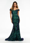 Black/Emerald ASHLEYlauren 11112 Off-Shoulder Stretch Sequin Gown with Sweetheart Neckline, High Back, and Horsehair Hem