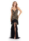 Black/Gold ASHLEYlauren 11438 glamorous gown featuring a sweetheart illusion V-neckline, ornate bead pattern, striking V-back, tiered ruffle skirt, and a center slit with tulle details for an elegant and dramatic look.