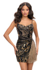 Black/Gold ASHLEYlauren 4778 Cocktail Dress with Beaded Fringe, Illusion Slit, and Spaghetti Straps