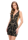 Black/Gold ASHLEYlauren 4790 fully hand-beaded cocktail dress featuring a V-neckline, V-back, illusion side cut outs, and a fitted silhouette for a glamorous and show-stopping look.