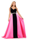 Black/Hot Pink ASHLEYlauren 11265 regal one-shoulder velvet gown featuring a luxurious heavy satin overskirt and a crystal beaded belt for a bold and sophisticated statement look.