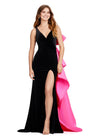 Black/Hot Pink ASHLEYlauren 11527 Velvet Gown with V-Neckline, Open Back, Satin Bow Detail, and Fitted Skirt with Sweep Train