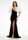 Black/Ivory ASHLEYlauren 11172 Velvet Gown with V-Neckline, V-Back, Contour Seaming, Multi-Tiered Organza Shoulder Ruffles, and Left Leg Slit.