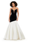 Black/Ivory ASHLEYlauren 11264 show-stopping mermaid gown featuring a deep V-neckline, luxurious velvet bustier, asymmetrical satin flare skirt, and a sweep train for a bold and glamorous statement look.