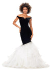 Black/Ivory ASHLEYlauren 11312 off shoulder velvet gown featuring a princess-seamed bodice, asymmetric organza ruffle fit and flare skirt, cascading crystal accents, and a sweep train for a dramatic and elegant look.